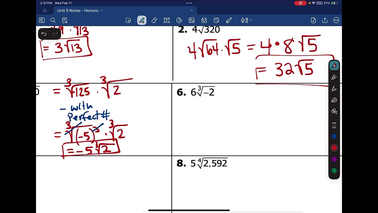 Algebra 2 - Unit 5  - Lesson 1 & 2 - Radical Review Video 1/4