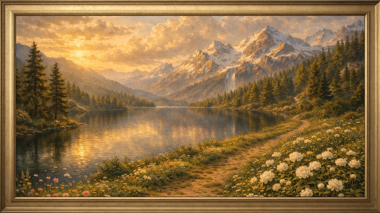 Golden Hour Lake & Mountains - 3 Hour TV Frame Art - 4K Static Digital Wall Art