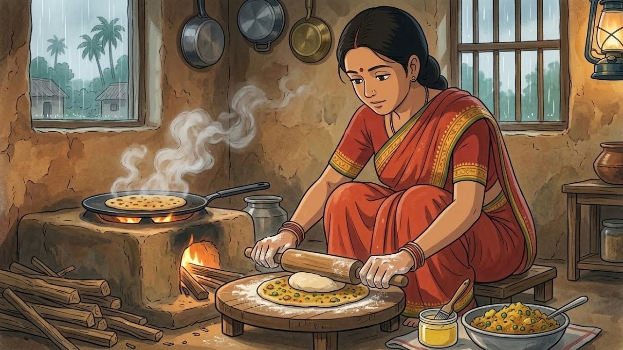 Rainy Village Morning in 90s India 🌧️ | Peaceful Monsoon Life | Cozy Ghibli Inspired Animation