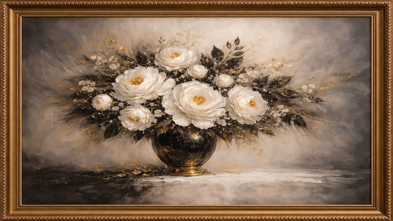 Golden White Roses | Elegant Floral Wall Art for Relaxing Home Ambience | 4K