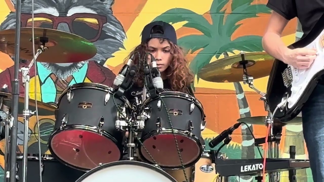 Mila Jett drums in, “You Ain’t Seen Nothing Yet” by Bachman–Turner Overdrive at Outcast Brewery. 