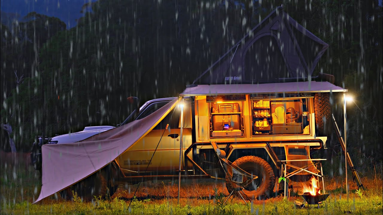 Camping in Rain with my 4wd | Silent Vlog | Relaxing Creekside Camping | Nature ASMR | Thunderstorm