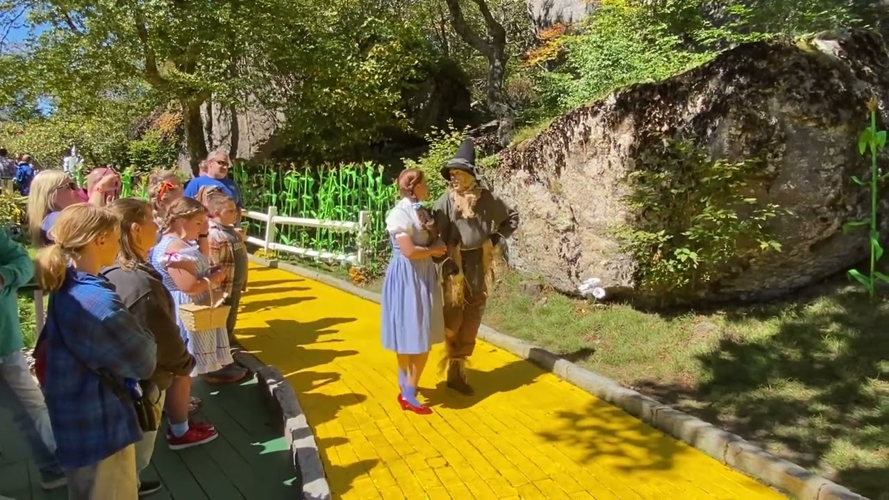 Dorothy meets the Scarecrow along the Yellow Brick Road  at Land of Oz on Beech Mountain