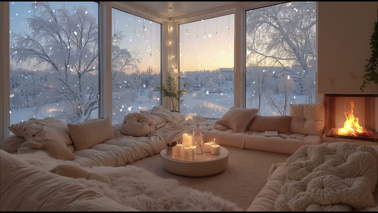 Peaceful Winter Cabin by the Lake ❄️ Soft Piano Music, Fireplace & Snowfall Ambience for Sleep
