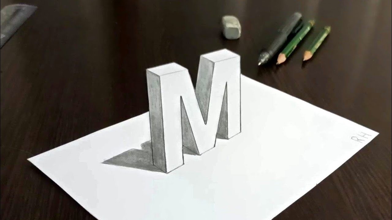 تعليم رسم ثلاثي الأبعاد حرف M خطوة بخطوة للمبتدئين مع الشرح /draw letter M Three-dimensional