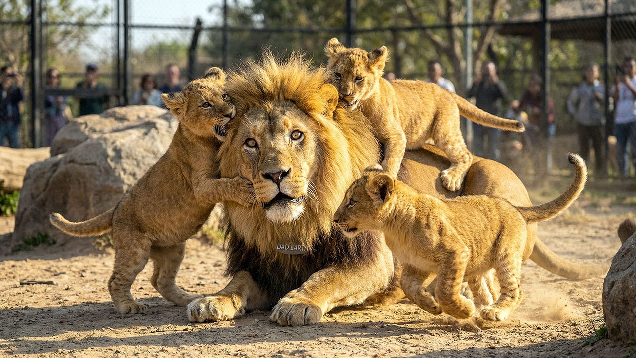 Lion Dad Tries to Stay Calm… His Naughty Triplets Have Other Plans 🤣🦁