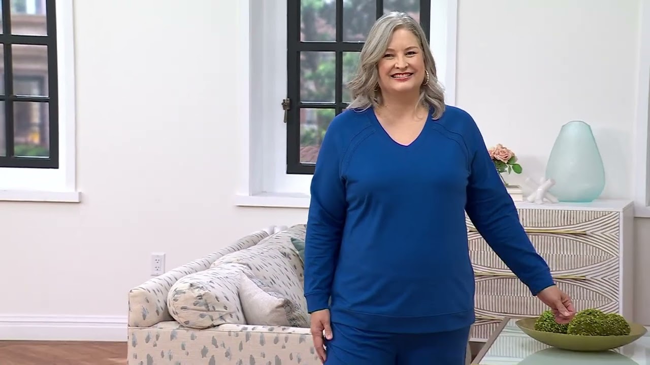 Denim &amp; Co. Active French Terry V-Neck Pullover with Side Trim on QVC
