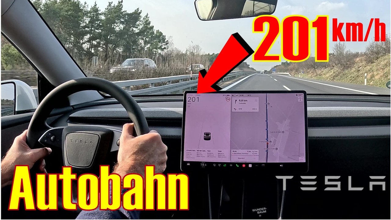 Tesla Model Y RWD schnelle Autoahnfahrt mit 170 bis 200 km/h zum Supercharger