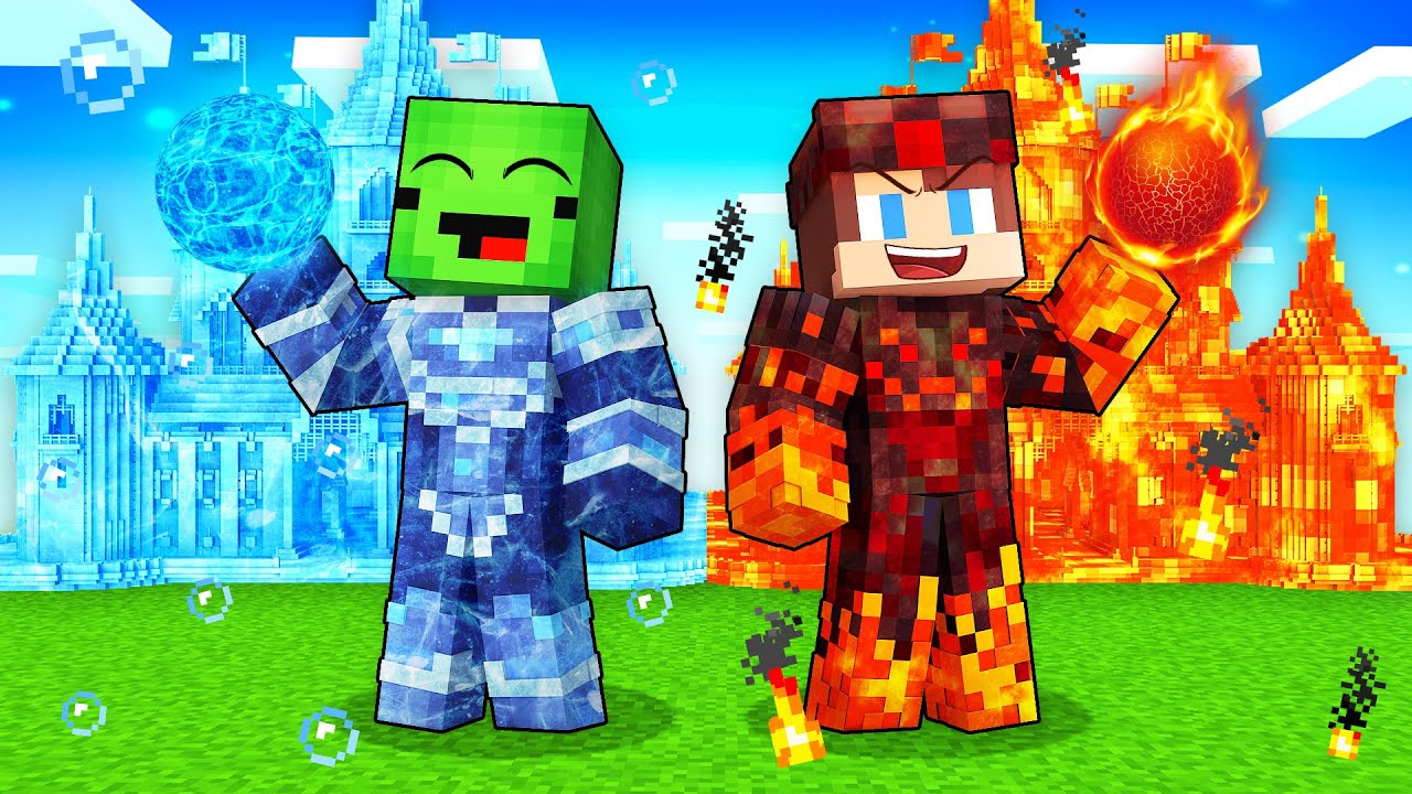 JJ and Mikey: ICE vs FIRE Kingdom Elemental Battle in Minecraft - Maizen