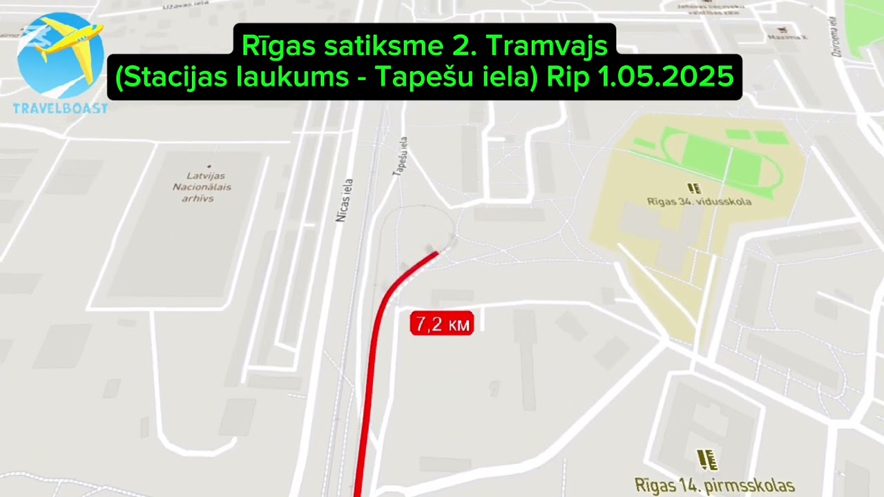 Rīgas satiksme 2. Tramvajs pa mar&scaron;rutu (Stacijas laukums - Tape&scaron;u iela) Rip 01.05.2025
