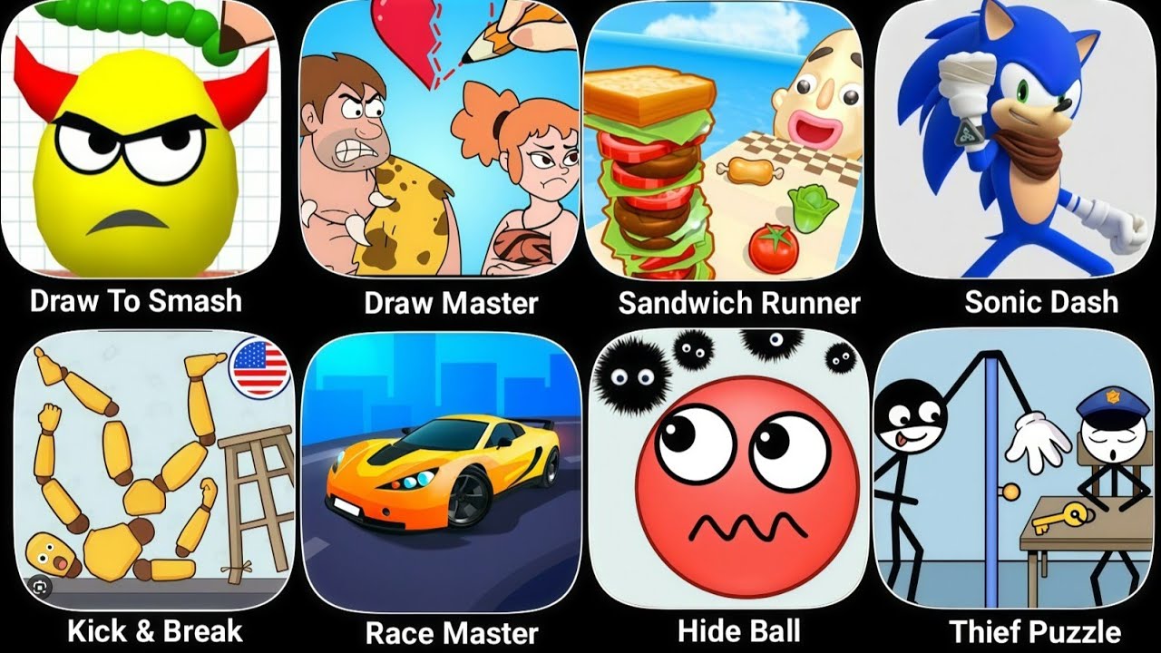 Draw To Smash, Draw Master, Sandwich Runner, Sonic Dash, Kick & Break, Race Master, Hide Ball