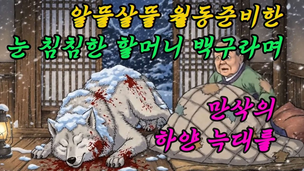 알뜰살뜰 월동 준비를 단단히 마친 눈이 침침한 할머니가 백구라며 살려준  만삭의 하얀 늑대의 기적 같은 보은 (야담/설화)