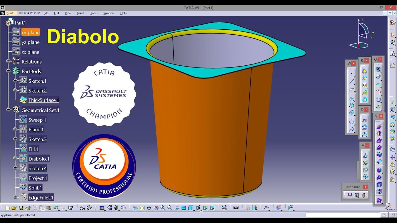 Simple use of the Diabolo command in CATIA Generative Shape Design to create a yogurt cup