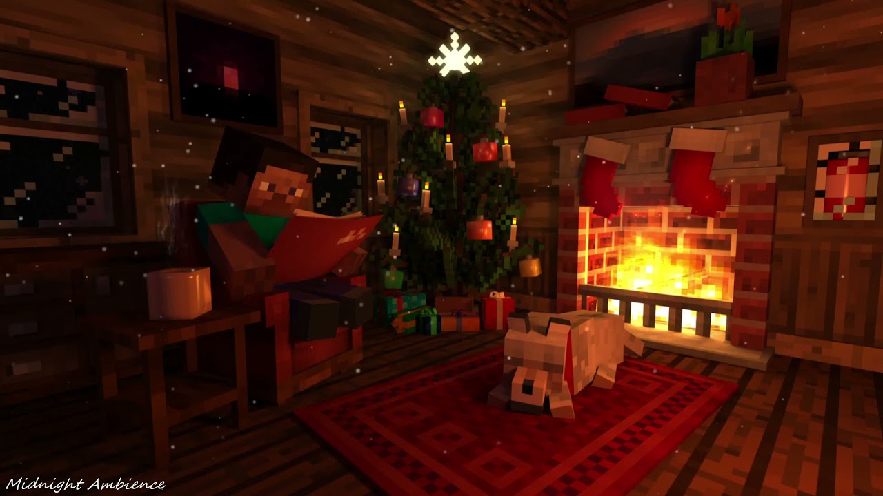 MINECRAFT Christmas:  Fireplace, Sleep, Ambience- Midnight Ambience
