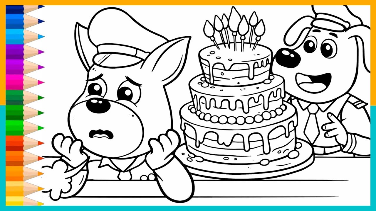 Desenho de Colorir do Detetive Labrador UM BOLO DE ANIVERSÁRIO!