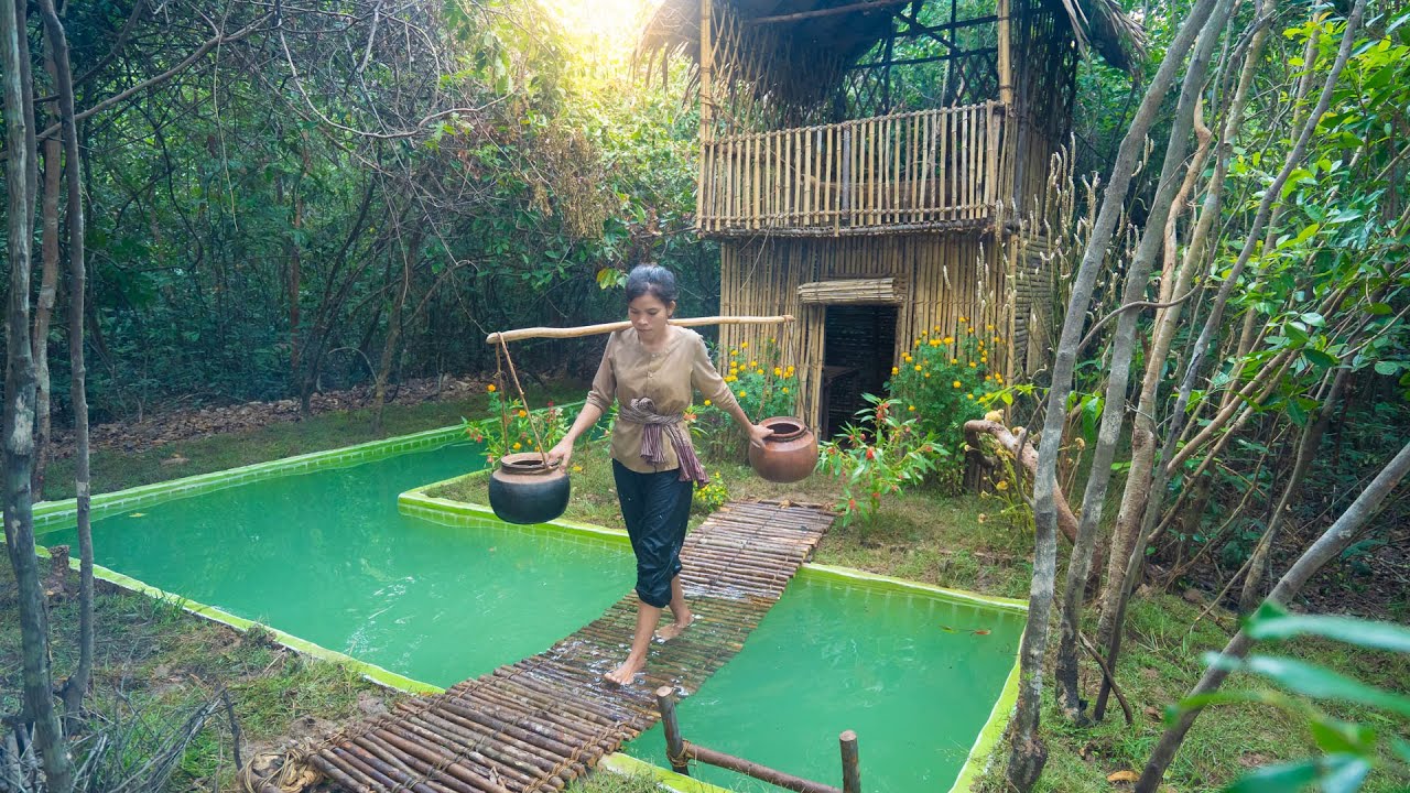 Amazing Girl Build The Most Beautiful Bamboo Villa around Swimming Pool