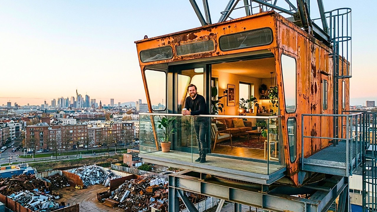 Found in scrapyard!This guy turned a rusted crane cabin into a high-sky penthouse with a view (ASMR)