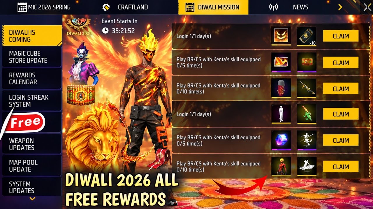 Diwali 2026 All Free Rewards 🤯 Free Mask + Magic Cube Diwali Event | Diwali Free Rewards Free Fire