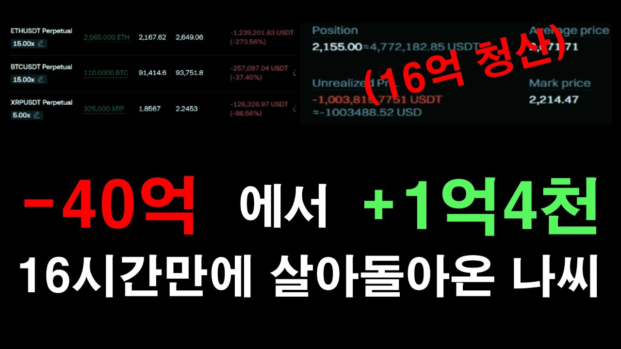 나씨 선물 청산!? 이더리움 16억 청산에 최대 -40억 찍고 16시간만에 청산 복구하고 익절 한 남자