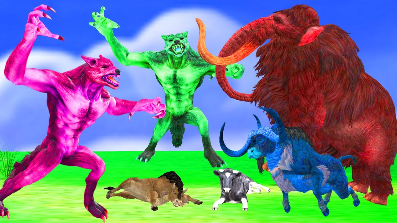 5 Zombie Wolf vs 5 Zombie Mammoth Fight Cow Cartoon Saved By woolly Mammoth Elephant Wild Animals