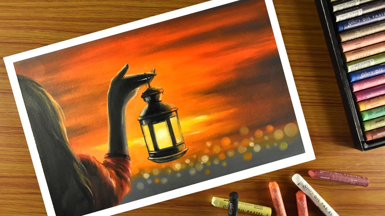 Oil Pastel Drawing- Sunset Scenery- Step by Step/ How to draw sunset scenery