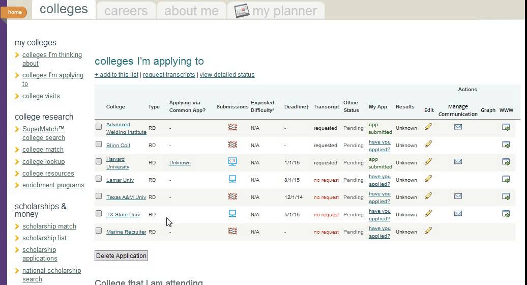 Colleges I'm Applying to List and Transcript Requests