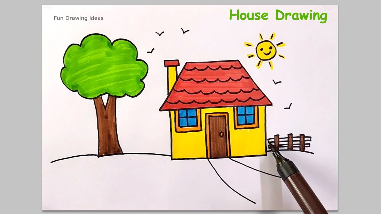 How to Draw easy House scenery for beginners and Kids | Village drawing and coloring