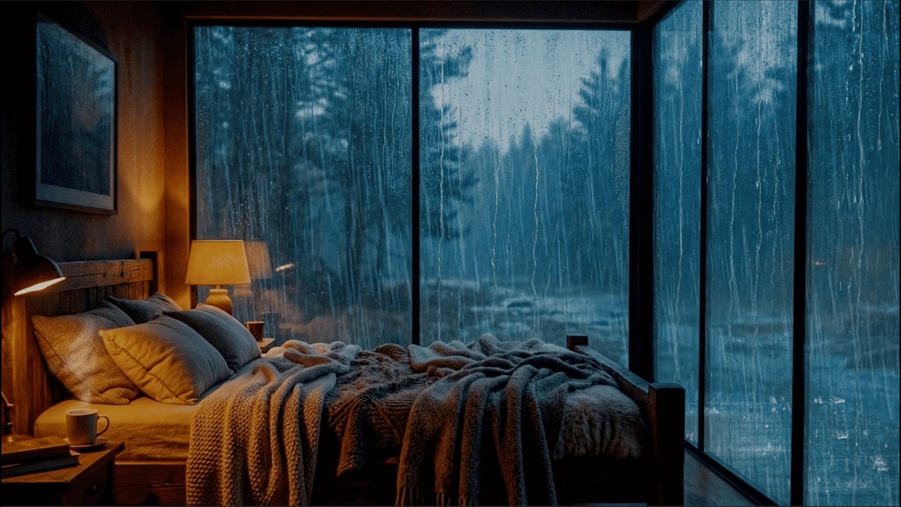 Rain Sounds for Deep Sleep & Insomnia | Cozy Glass Cabin | Heavy Rain Ambience Relaxing (No Thunder)