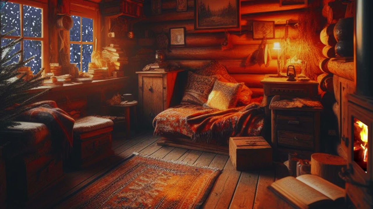 Cozy Winter Cabin Ambience with Crackling Fireplace and Snow Falling - Deep Sleep