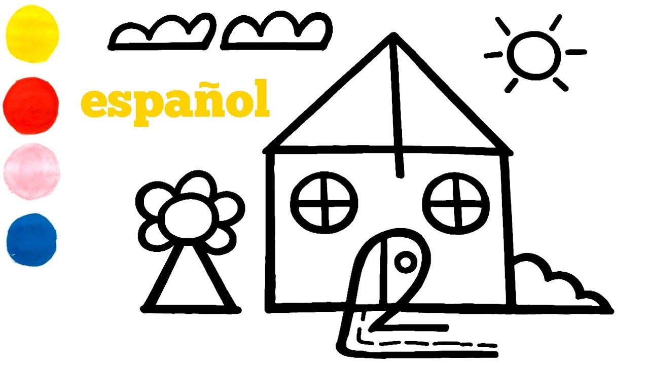 Cómo dibujar y colorear una cabaña usando los números cuatro y dos para niños