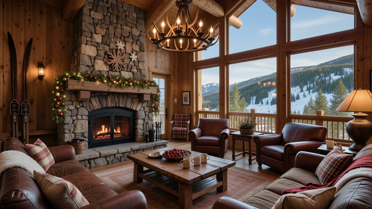 Cozy Mountain Lodge Crackling Fireplace 🔥 | Peaceful Ski Cabin Ambience for Relaxation and Rest