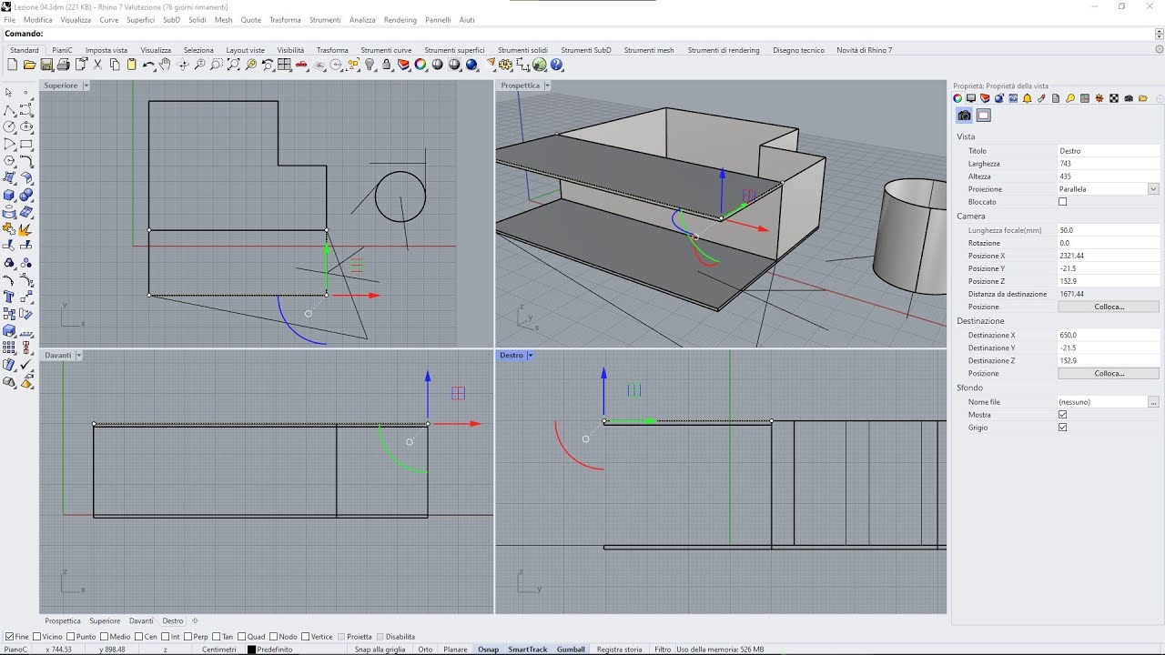Videocorso RHINO 7 - 04 - Disegnare con Precisone CAD, Osnap, Orto, Planar, Gumball, Registra Storia