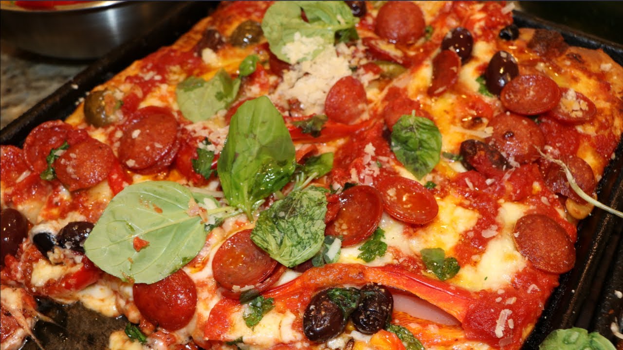 How to Make Sheet Pan Pizza with Pepperoni, Olives and Peppers