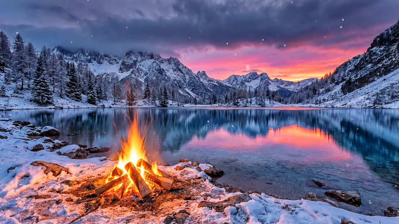 Winter Sunset by the Mountain Lake – Gentle Campfire for Focus & Calm