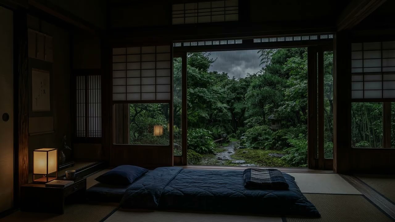 Quiet Rain 🌧️ Drifting Past Shoji Screens In A Serene Japanese Tatami Room 🎋 🏯