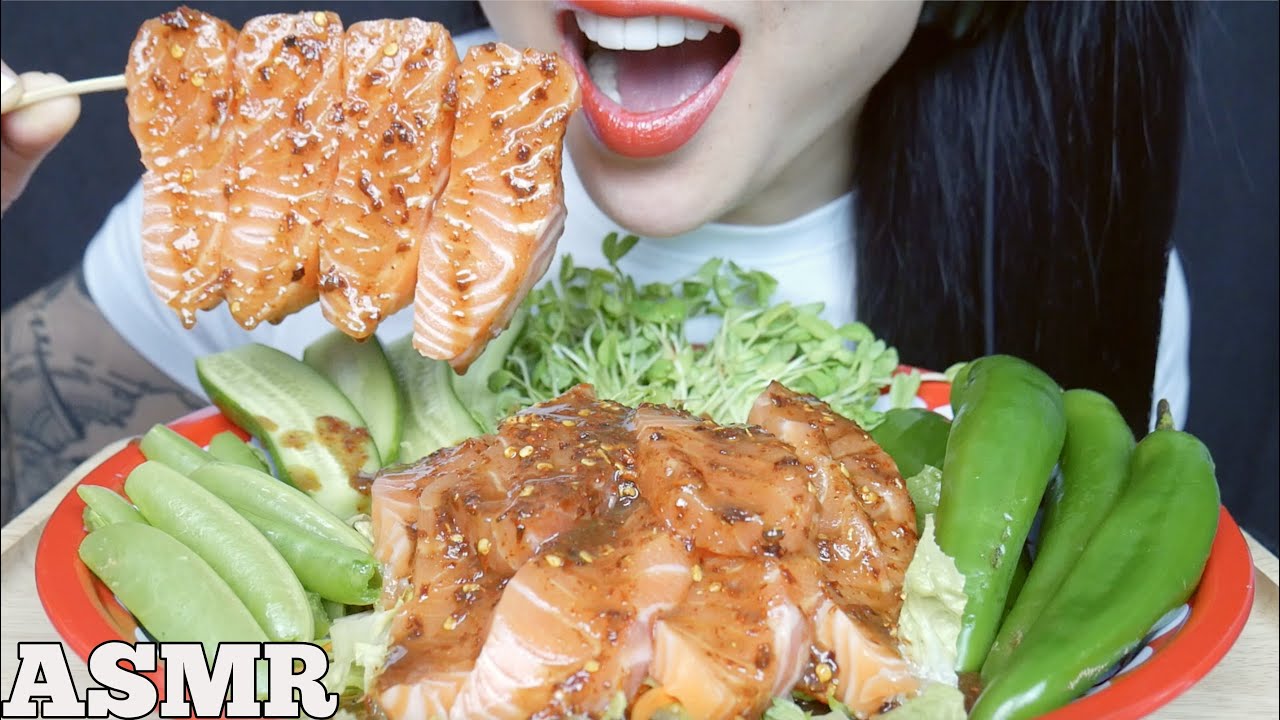 ASMR SPICY SALMON SASHIMI FRESH VEGGIE SALAD (CRUNCHY EATING SOUNDS) NO TALKING | SAS-ASMR