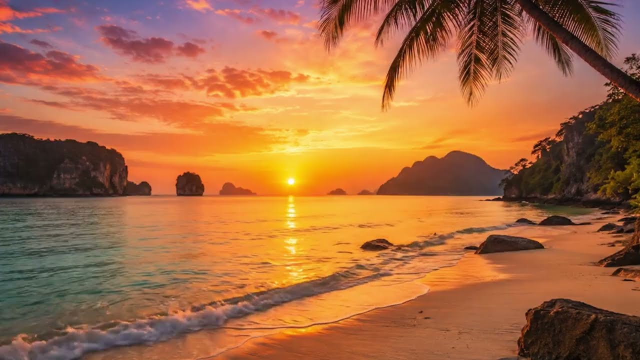 🌴✨3 HOURS OF RELAXING MUSIC🌅TROPICAL SUNSET BEACH AMBIENCE🧘CALM PIANO, OCEAN WAVES & STRESS RELIEF✨🌊
