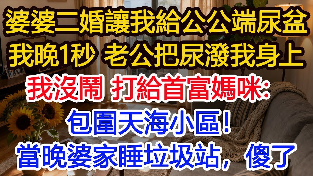 婆婆二婚当晚，让我给新公公端尿盆，我晚了1秒，老公就把一盆尿潑我身上，我没闹，打给首富：妈咪，包围天海小区，当晚婆家睡垃圾站傻了#為人處世 #生活經驗 #小說 #戀愛 #情感 #婚姻