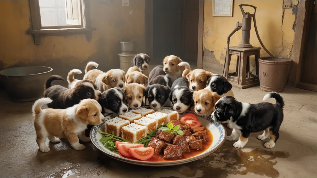 Sharing a Warm Morning Meal with Playful Puppies