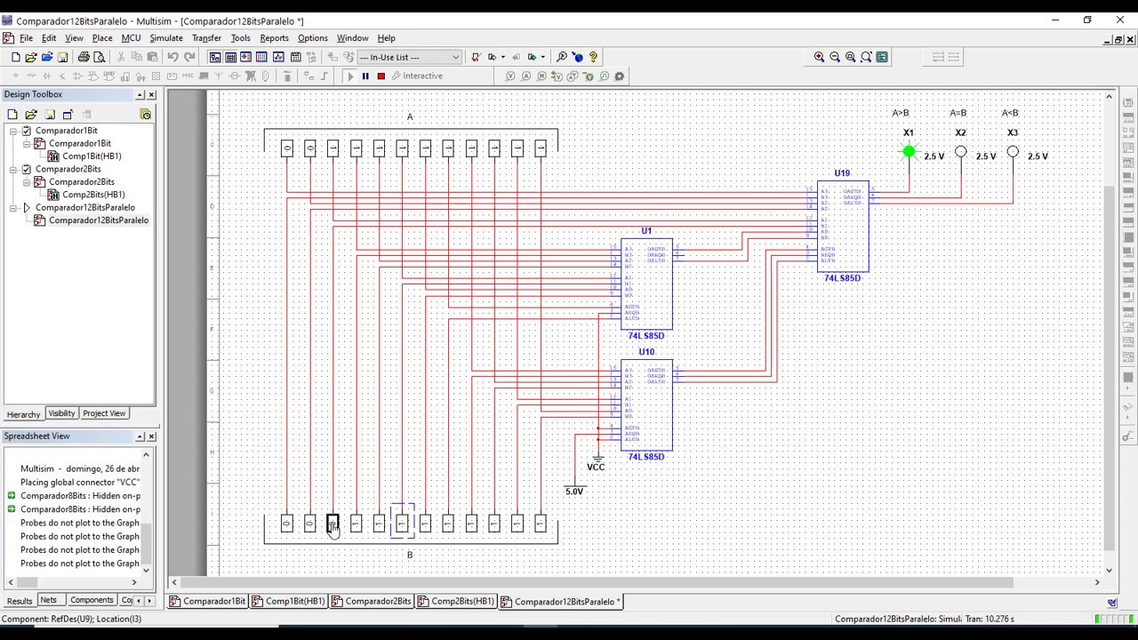Comparadores de magnitud (Parte 6) -  Simulaci&oacute;n en Multisim para 12 Bits (74LS85 Paralelo)