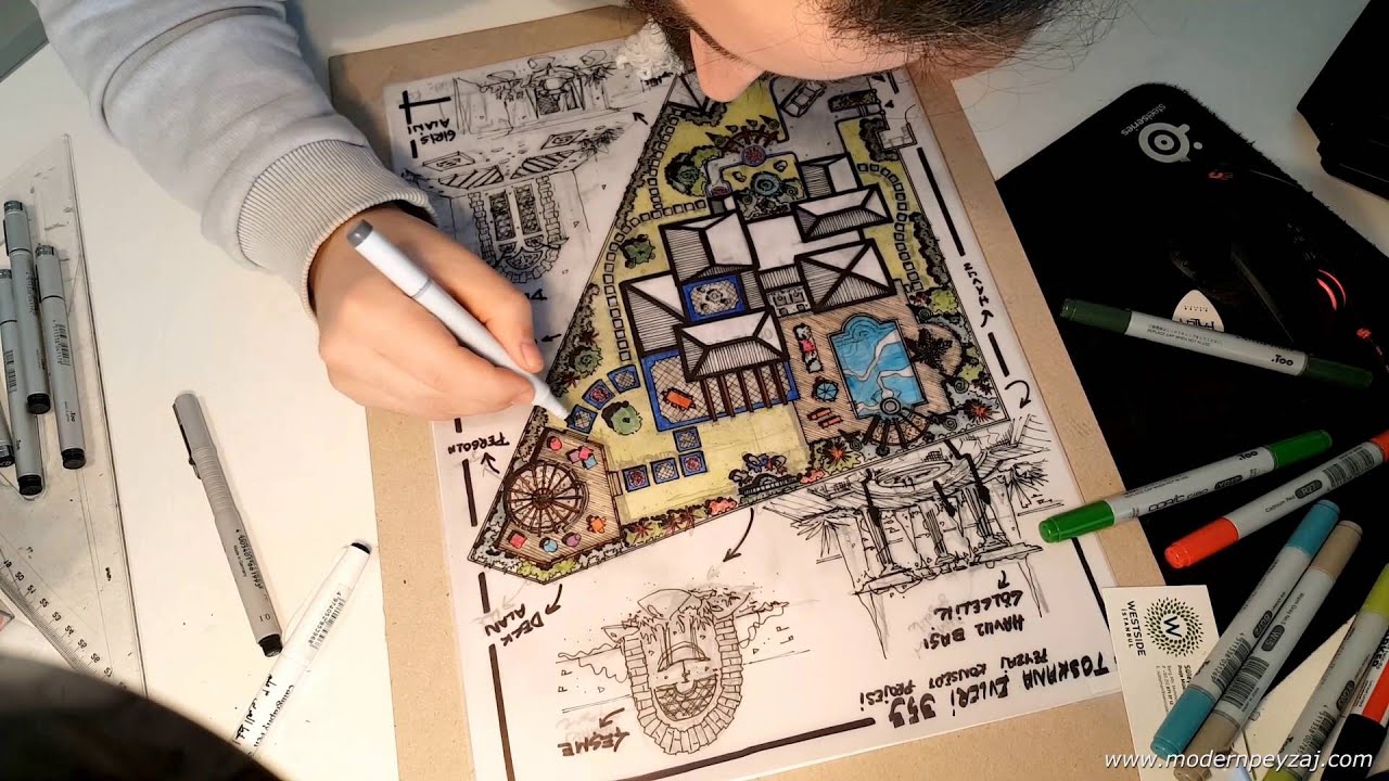 Landscape Architecture - Designing and Coloring Landscape Project - Time Lapse Sketch Drawing