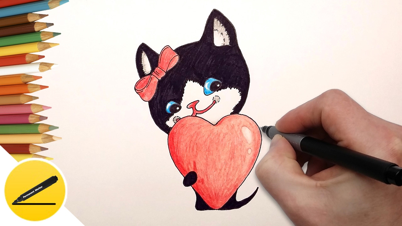 How to Draw a Cat with a Heart ❤ Как Нарисовать Кошку с Сердечком