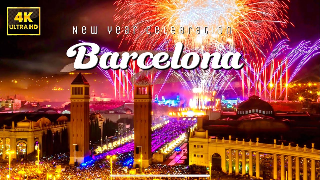 Barcelona, New Year Celebration 2024, 4k, happy new year 🎆🎈🎊