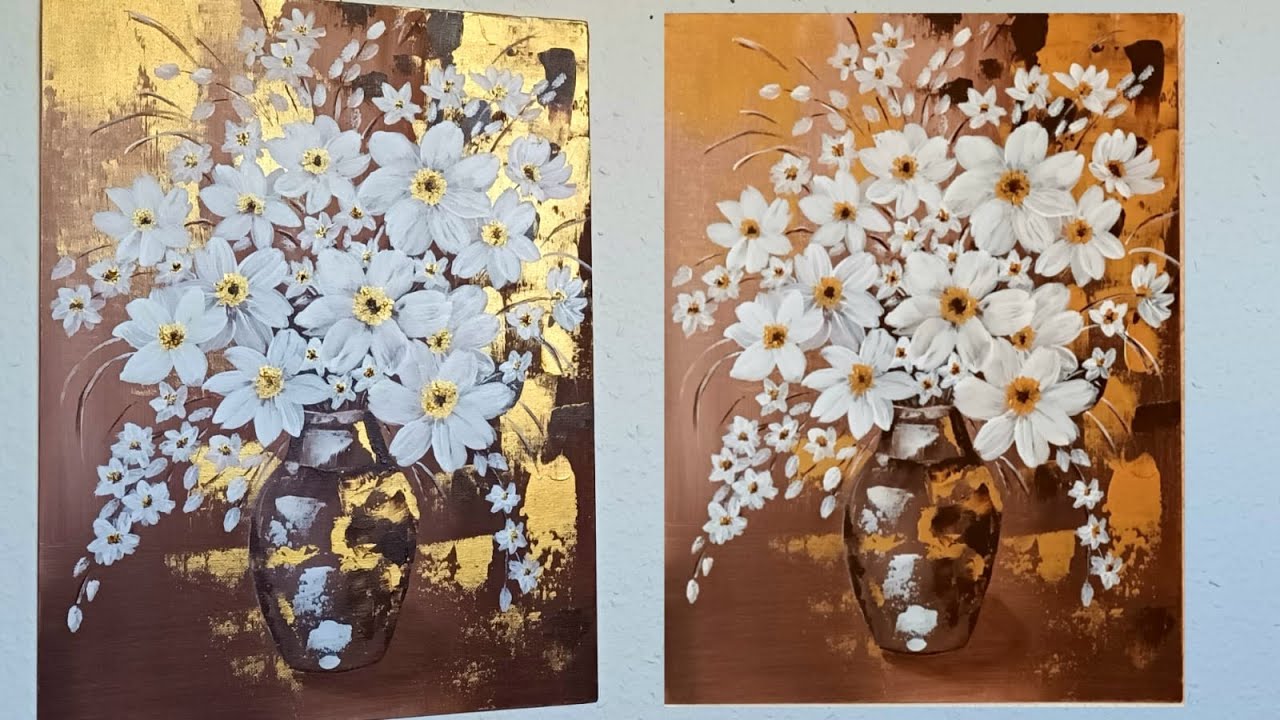 Blumenstrauß in Vase Malen Acryl Weiß Braun Gold  Bunch of Flowers Acrylic Painting White Brown Gold