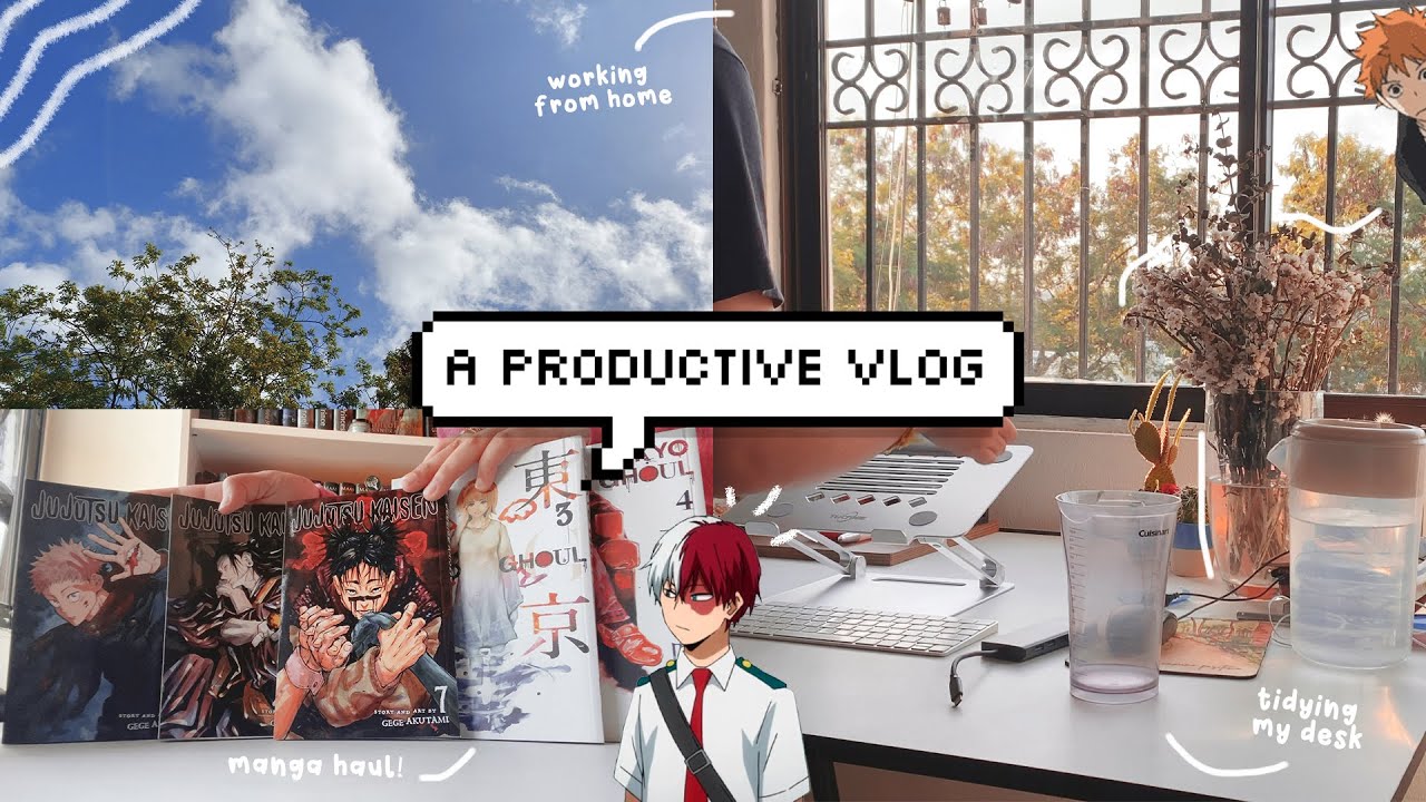 a productive day in my life 🌤 working from home, desk layout + manga haul