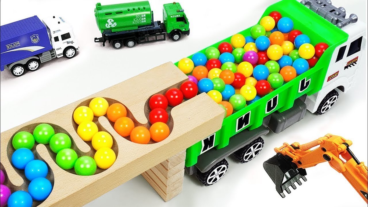 Marble Run Race ☆ HABA Slope & Retro Makita Truck, Excavator, Garbage Truck, Dump Truck, Ambulances