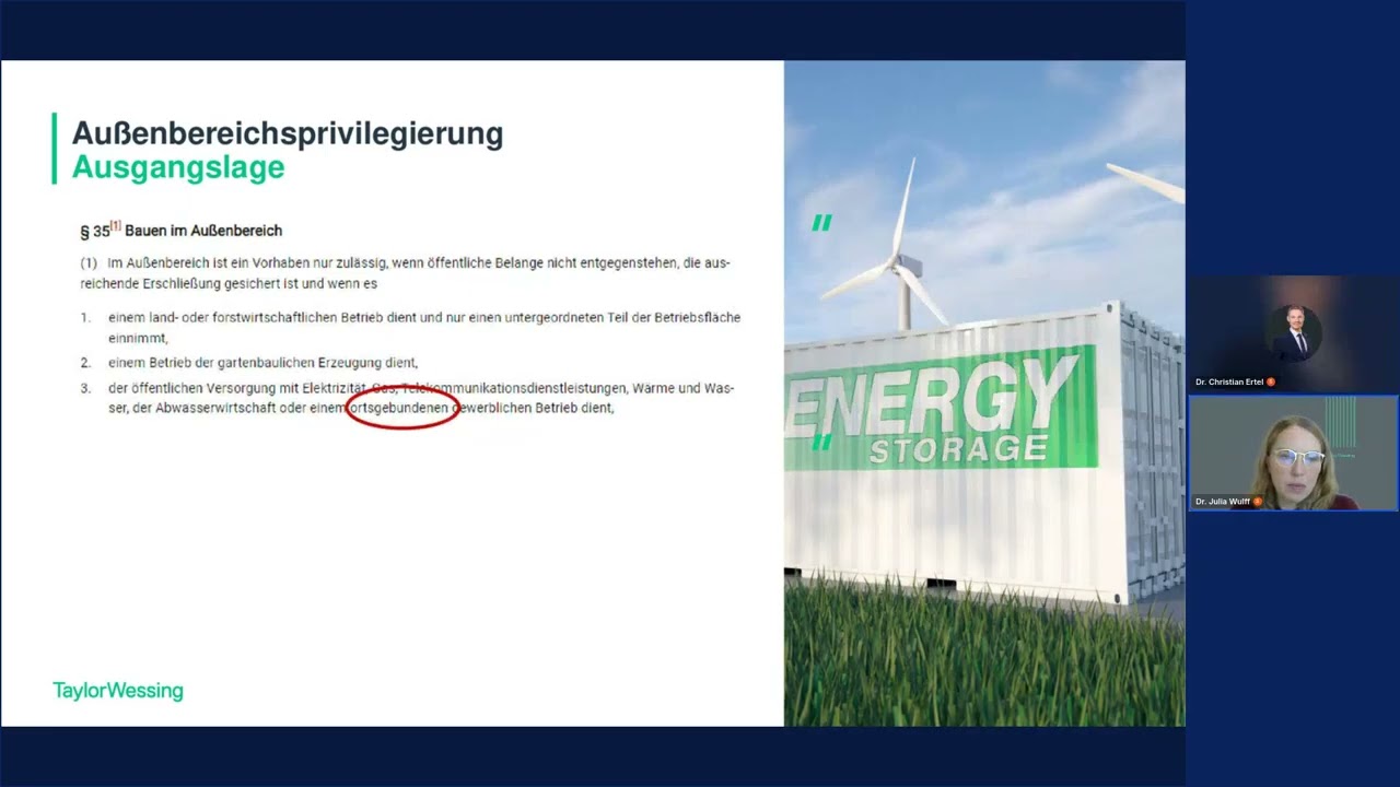 Privilegierung für Batteriespeicher im Außenbereich: EnWG-/BauGB-Update & Praxisdialog
