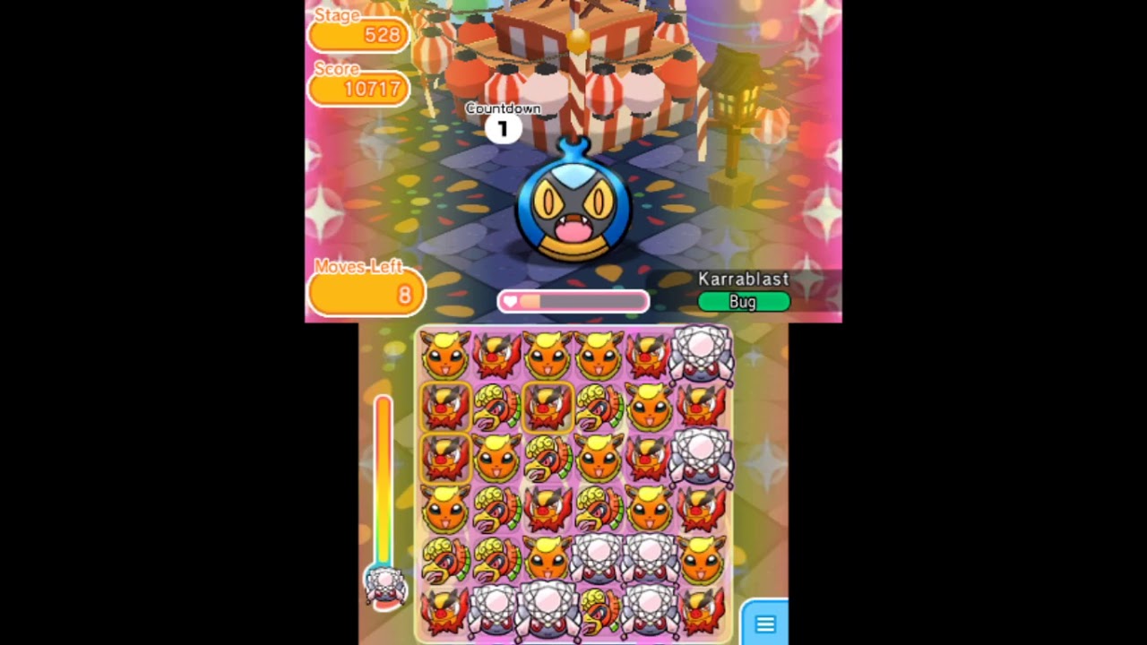 Pokemon Shuffle 3DS - Stage 528 Karrablast S Rank ITEMLESS