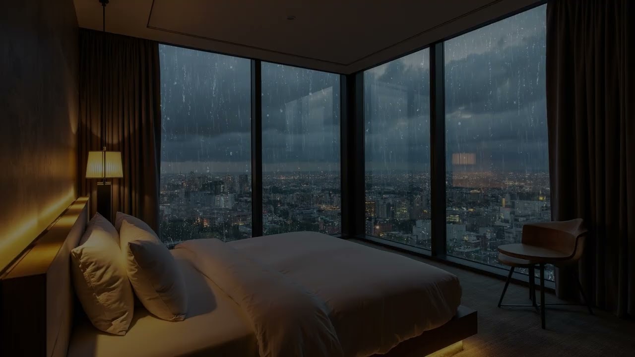 Quiet Urban Rain 🌦️ Seen From A Skyline Bedroom As Wet City Streets Shine Below 🌃