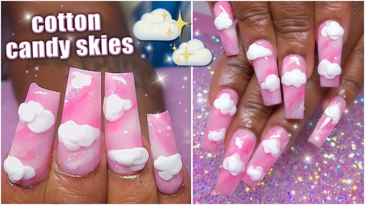 DIY HOW TO Pink Marble Swirl Cotton Candy Clouds Acrylic Nails Step By Step Tutorial for Beginners